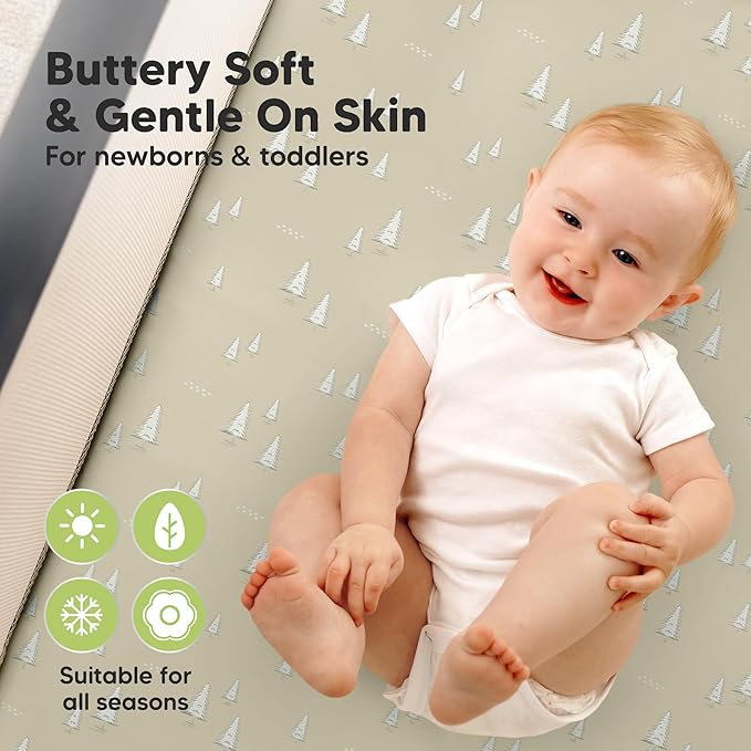 2-Pack Waterproof Pack and Play Sheets, Mini Crib Sheets Fitted for Boy, Girl - 38 x 26 Viscose from Bamboo Pack N Play Mattress Sheets for Graco, Toddler Playard Baby Crib Sheets Neutral(Pine Grove)