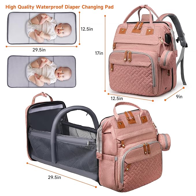 Baby Diaper Bags with Changing Station Multifunctional Waterproof Diaper Bag Backpack Travel Baby Bag with Changing Pad, Pacifier Case,Baby Essentials(Pink)