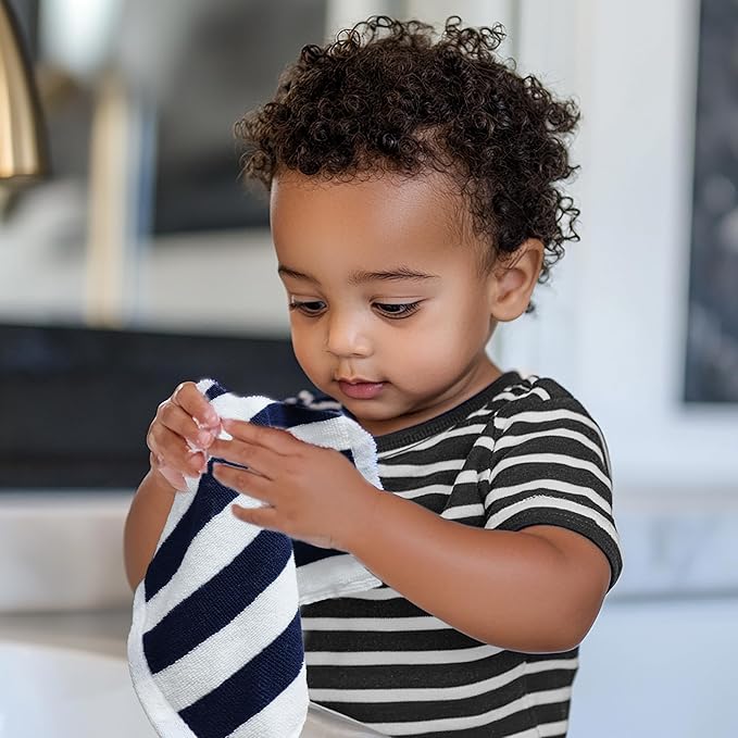 ORIGINAL KIDS Wash Cloth - Set of 12 Cabana Stripe Washcloths - 100% Cotton Yarn-Dyed Terry - 450 GSM Quick Dry Soft Absorbent Gentle Baby Face Towels for Bathroom Travel Daycare - 12 x 12 - Navy