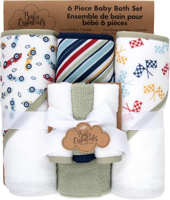 Baby Bath Essential Hooded Baby Bath Towel and Washcloth 6 Piece Set for Newborns, Infants & Toddlers, Boys & Girls Baby Hooded Towels Set (Racecars)