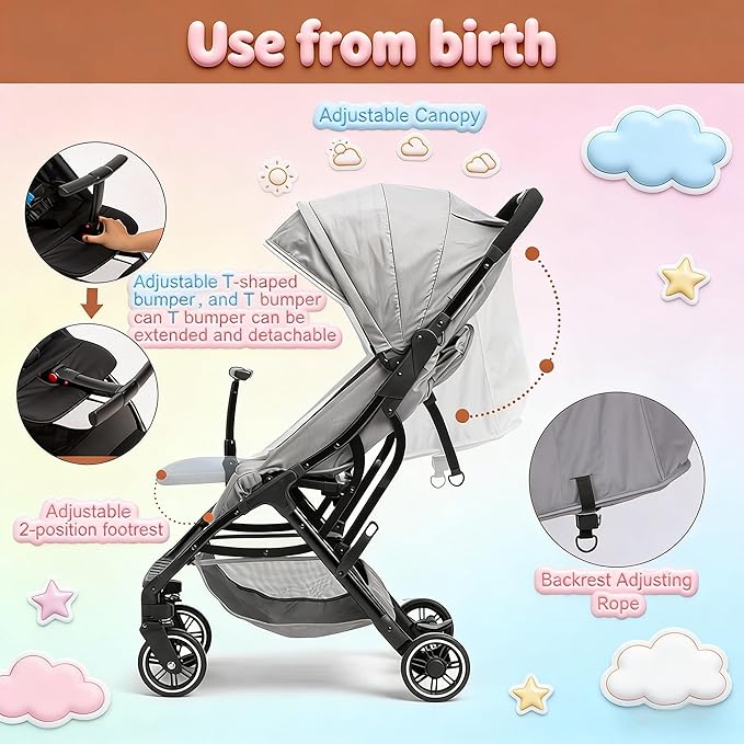 Baby Stroller, 2 in 1 Lightweight UmbrellaTravel Stroller with Automatic Fold, Compact with Basket for Airplane Walking(Gray)