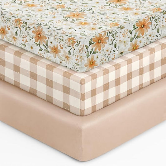 Baby Crib Sheets for Boys Girls, 28x52x8in Fitted Crib Sheet Neutral 3 Pack for Standard Crib and Toddler Mattress, Breathable Soft Microfiber Baby Sheet Orange Flowers & Plaid