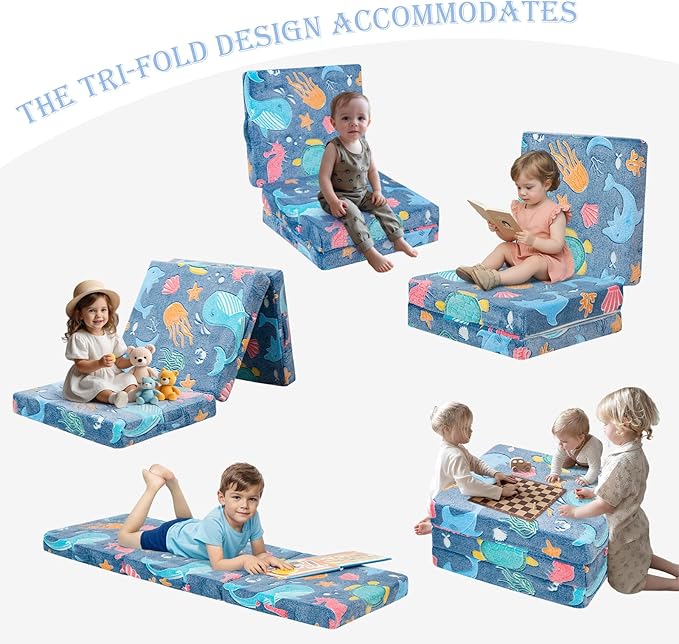 MeMoreCool Foldable Floor Mattress for Kids, Glow Trifold Mat, Kids Folding Mattress Portable Futon, 57x22 Inch Blue