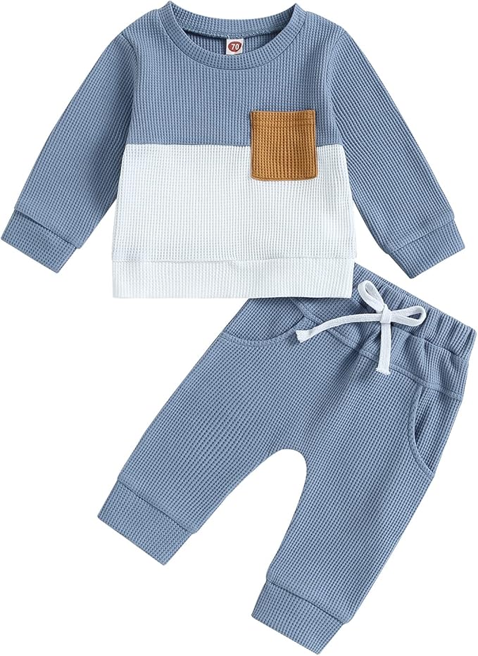Toddler Baby Boy Fall Outfit Long Sleeve Crew Neck Contrast Color Sweatshirt Top Pant Cute Newborn Infant Waffle Clothes