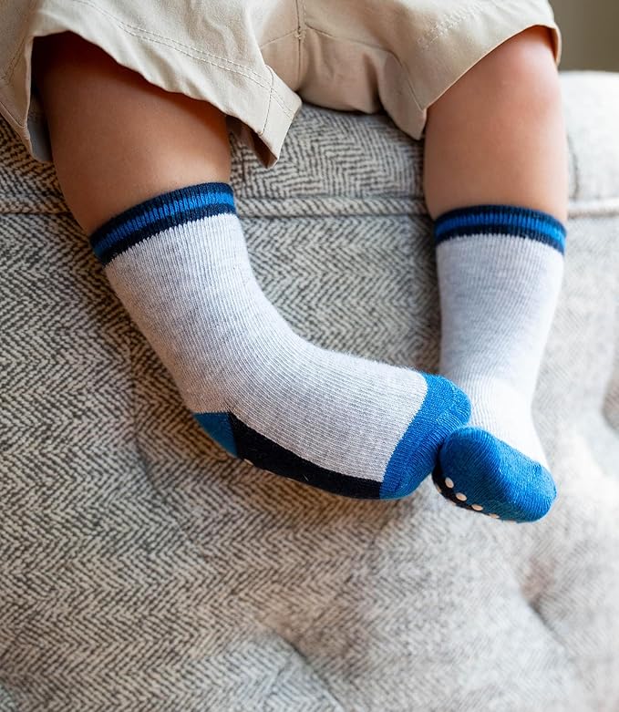 JAKIDAR 12 Pack Baby Toddler Socks Non Slip Grip Cotton Crew Socks for Boys Girls Infants Kids