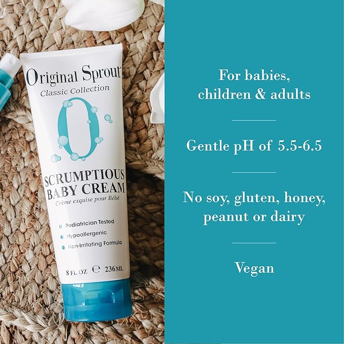 Original Sprout Scrumptious Baby Cream for Sensitive Skin & Diaper Rash, Gentle Non-Greasy Baby Lotion with Zinc Oxide & Calendula, Moisturizing Face & Body Cream, 8 fl oz, (Pack of 2)