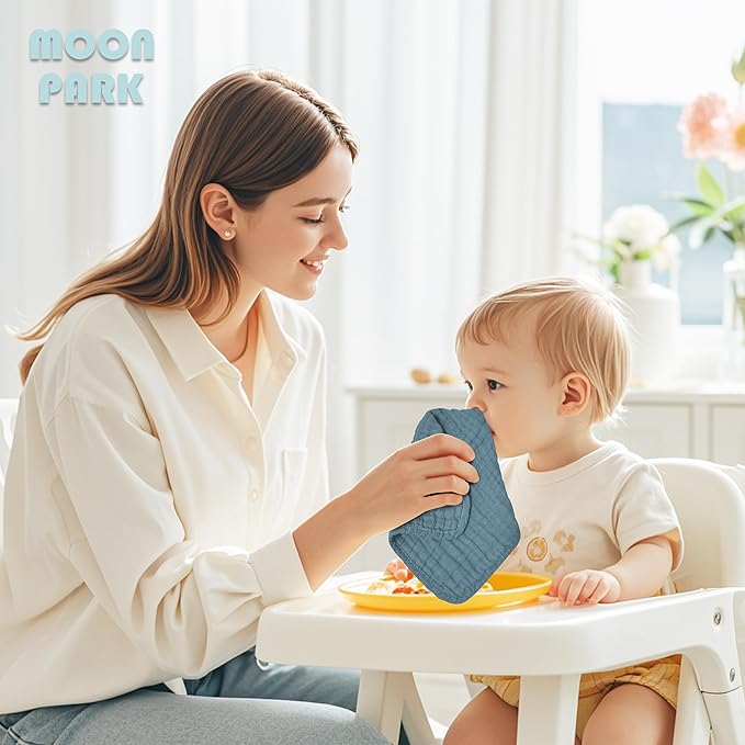 MOON PARK Baby Washcloths, 12 Pack - 12x12 Inches, Small Burp Cloths and Baby Wipes - 100% Cotton Muslin Ultra Soft for Newborn, Infant and Toddlers - Slate, Grey and Navy Series