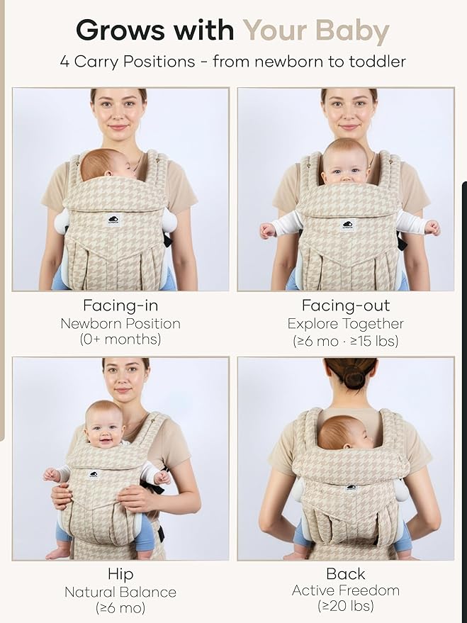 Sprinta Premium Linen-Cotton Baby Carrier – Ergonomic Houndstooth Newborn to Toddler Carrier (7-44 lbs), 4-Way Adjustable Fit