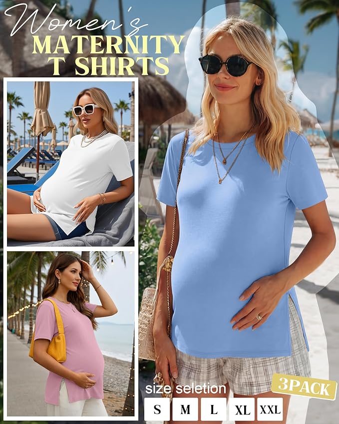 Ficerd 3 Pack Women's Maternity T Shirts, Short Sleeve Side Split Pregnancy Tops Casual Crew Neck Pregnant Tees Mama Clothes