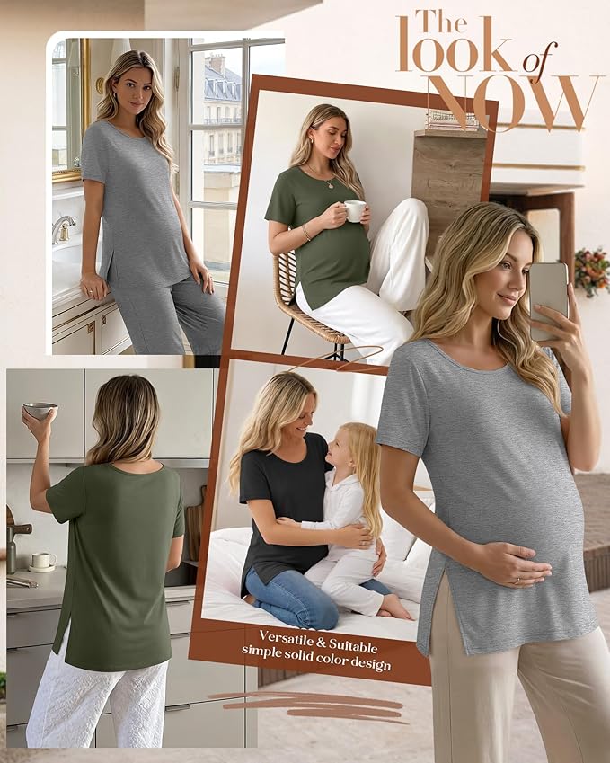 3 Pack Women's Maternity Shirts Short Sleeve Round Neck Side Split Pregnancy Tops Loose Summer Casual Mama Clothes