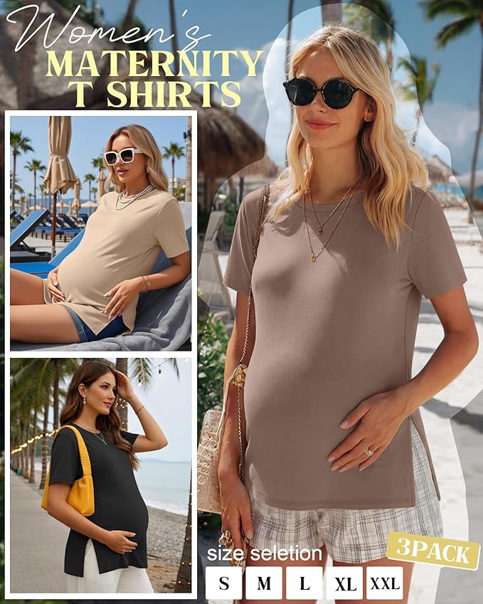 Ficerd 3 Pack Women's Maternity T Shirts, Short Sleeve Side Split Pregnancy Tops Casual Crew Neck Pregnant Tees Mama Clothes