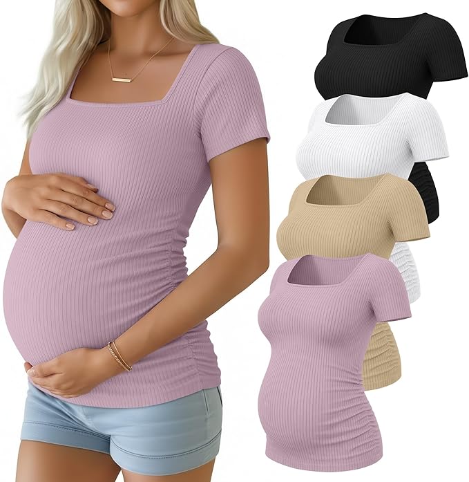 Huukeay 4 Pack Women's Maternity Shirts Cotton Ribbed Short Sleeve Square Neck Pregnancy Tops Side Ruched Summer Tee