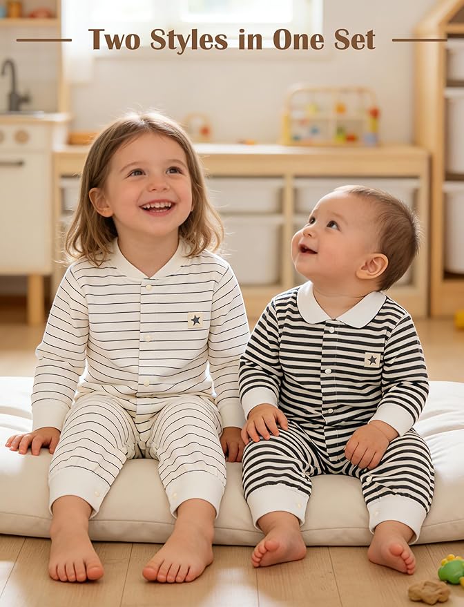 Newborn Baby Boys 2 Pack Cotton Romper Outfits Infant Long Sleeve One-Piece Toddler Button Jumpsuits