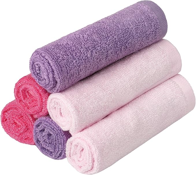 6 Pack Baby Girl Washcloths Bulk for Newborn, Extra Soft Face Bath Towel for Toddler, Absorbent Kids Wash Rag for Body, 70% Rayon Derived from Bamboo, 30% Cotton, 10"x10", Purple/Pink/Rose