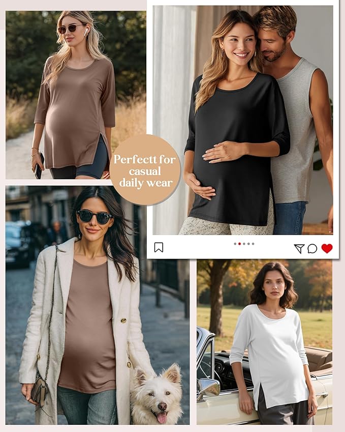 3 Pack Women's 3/4 Sleeve Maternity Shirts Elbow Length Clothes Round Neck Tunics Pregnancy Loose Side Split Tops