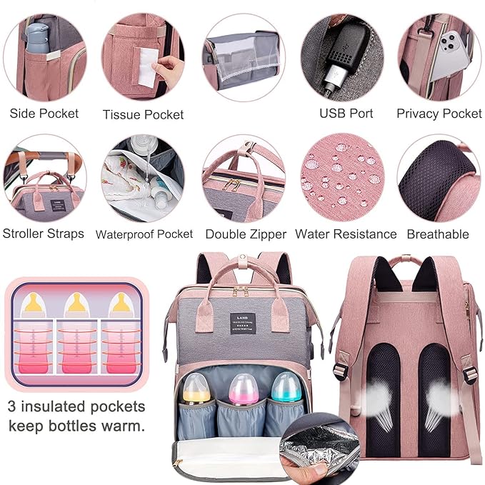 Baby Diaper Bags with Changing Station,Waterproof Diaper Bag Backpack for Moms Dads with USB Charging Port,Large Capacity Multifunctional Baby Essentials(Pink-Grey)