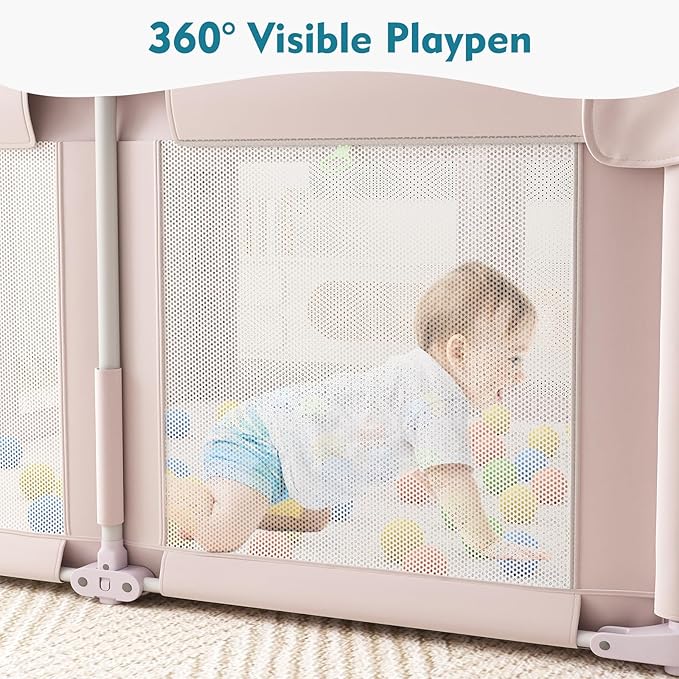 51" Foldable Baby Playpen with Mat, Playpen for Babies and Toddlers with Ocean Balls and Pull Links, Soft Breathable and Visible Mesh, Indoor and Outdoor Play Pen, Pink