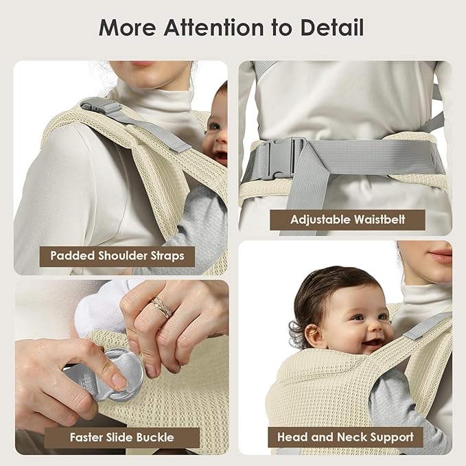 Baby Carrier Newborn to Toddler, Easy Adjustable Toddler Carrier for 7-30lbs, Baby Holder Wrap Carrier, Breathable Mesh Fabric Infant Kangaroo Hip Carriers with Lumbar Support, Beige