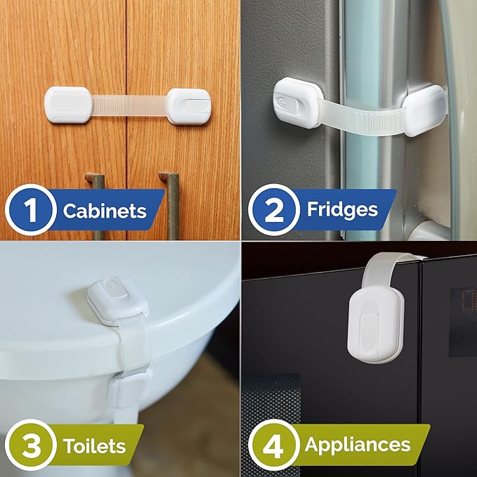 Child Safety Strap Locks (6 Pack) Baby Locks for Cabinets and Drawers, Toilet, Fridge & More. 3M Adhesive Pads. Easy Installation, No Drilling Required, White