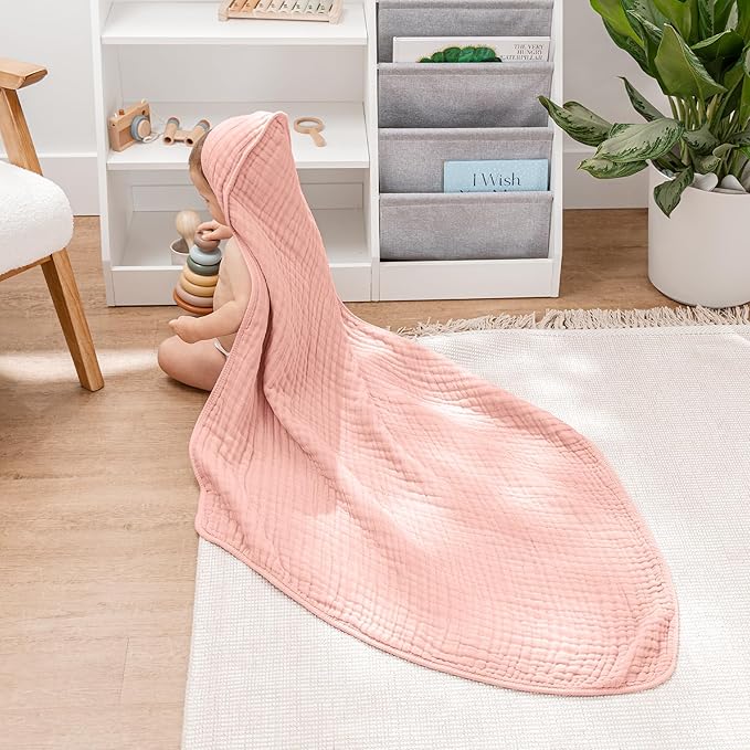 Comfy Cubs Hooded Baby Towel 1-Pack, Large 32 x 32 Inch - 6 Layer 100% Muslin Cotton for Babies, Toddlers and Kids - Soft & Absorbent Baby Bath Towels - Unisex Design for Bath Time - Bold Blush