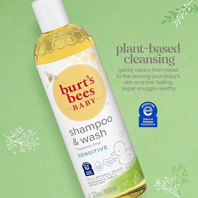 Burt's Bees Baby Shampoo & Wash, Fragrance Free & Tear Free Baby Soap - 12 Ounce Bottle, Pack of 3