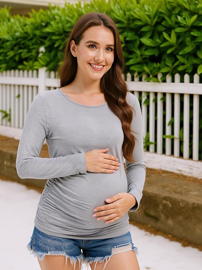 3 Pack Maternity Shirts Long Sleeve Pregnancy Top for Women with Crew Neck Casual Tee Shirts