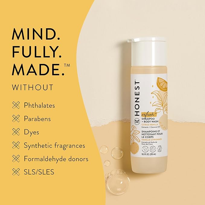 The Honest Company 2-in-1 Cleansing Shampoo Body Wash Gentle for Baby Naturally Derived, Tear-free, Hypoallergenic, Citrus Vanilla Refresh, 18 fl oz