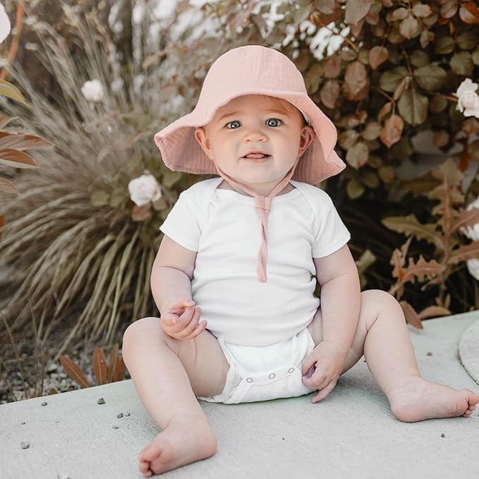 Konssy 2 Pack Muslin Baby Sun Hat UPF 50+ Sun Protection Baby Bucket Hat Summer Beach Hats with Wide Brim for Boys & Girls