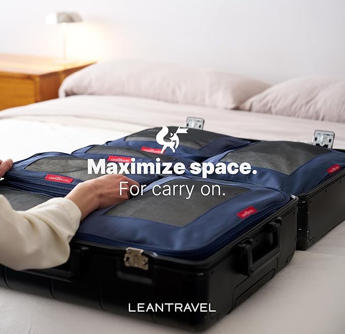 LeanTravel Premium Compression Packing Cubes for Travel - Luggage Organizers with Double Zipper - Sturdy Bags for Suitcase (4-Pack, Navy Blue)