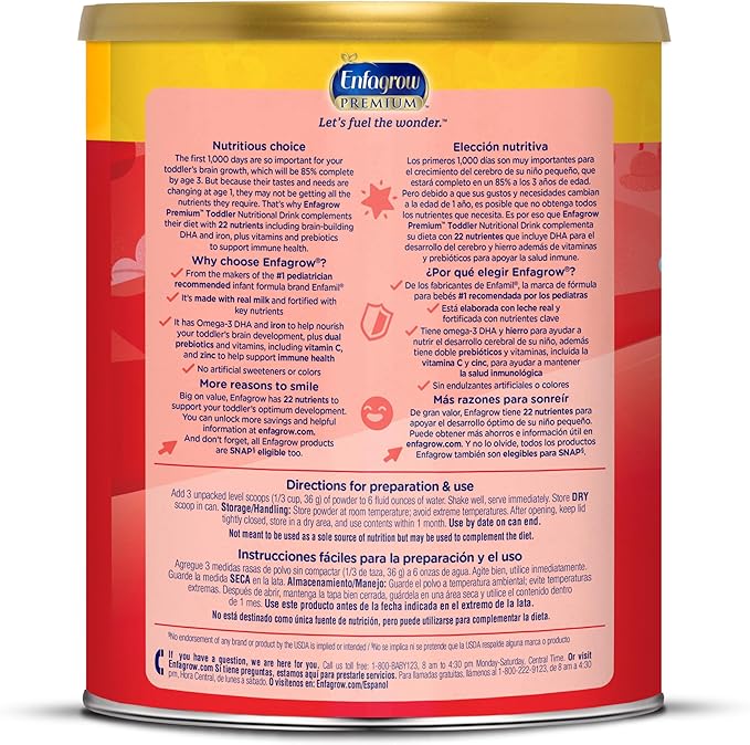 Enfagrow Premium Toddler Nutritional Drink, Made with Real Milk, Brain-Building Omega-3 DHA, Nutrients and Prebiotics for Growth & Immune Support, Non-GMO, Toddler Milk Powder, 32 Oz Can (Pack of 3)