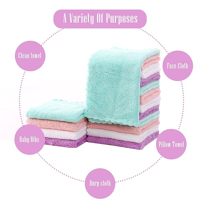 Cute Castle Ultra-Soft Baby Washcloths, 16 Pack - 9" by 9", Gentle on Sensitive Skin for Face and Body, Plush, Super Absorbent Wash Clothes for Girls and Boys, White+Pink+Purple+Frozen Blue