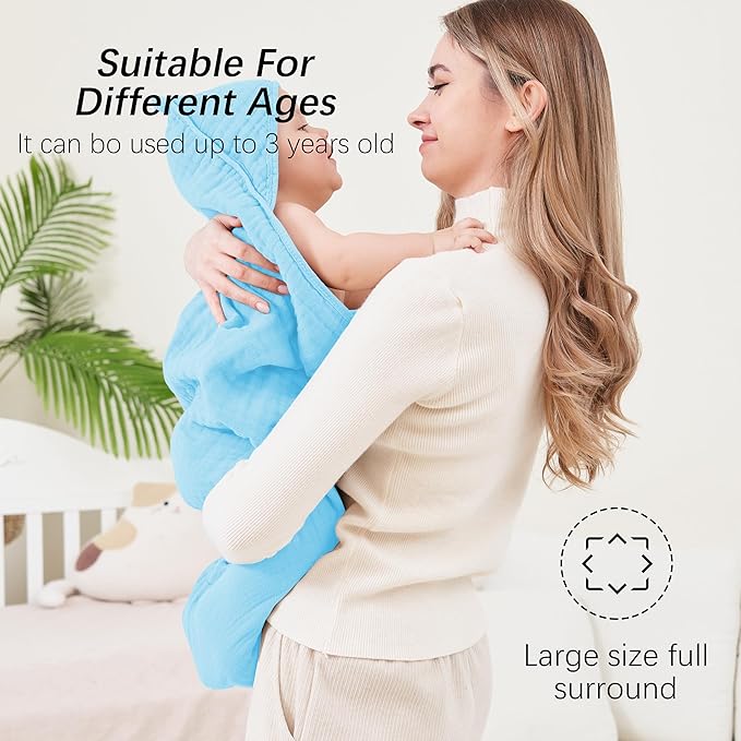 SWEET DOLPHIN Muslin Hooded Baby Bath Towels - 2 Pack 100% Cotton Towel for Babies, Infants, Toddlers - 32x32Inch - Highly Absorbent and Newborn Essential, Blue