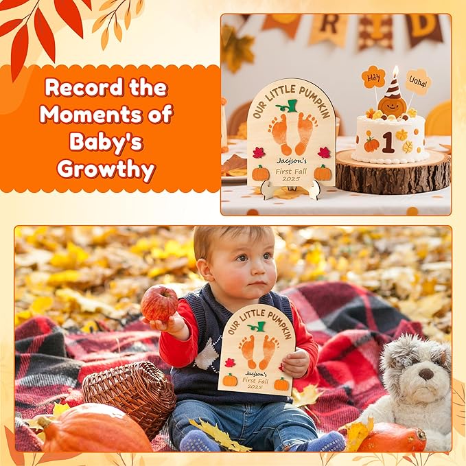 R HORSE Baby's First Fall Footprint or Handprint Art Sign Craft, Our Little Pumpkin DIY Wooden Hanging Decoration, Newborn Keepsake Gift for Baby First Fall Autumn Thanksgiving Baby Shower Photo Prop