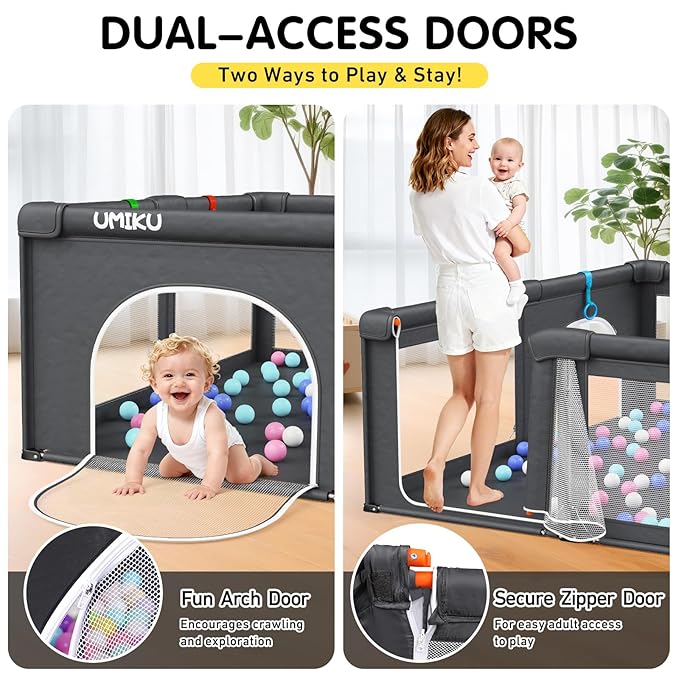 Baby Playpen Foldable Playpen for Babies and Toddlers, Extra Large Playpens Portable Play Pen with 2 Doors Activity Center for Kids Indoor Outdoor Pack and Play Baby Shower Gifts, 71"X59" Dark Grey
