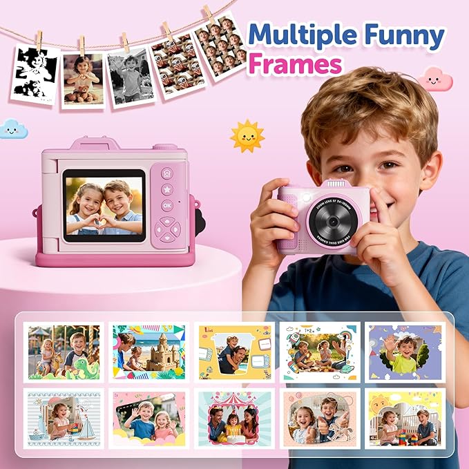 Kids Camera, Christmas Birthday Gifts for Boys Girls Age 3-12,Upgrade HD Flip Digital Video Cameras for Kids, Portable Toys for 3 4 5 6 7 8 9 10 Year Old Childrens with 32GB SD Card-Pink