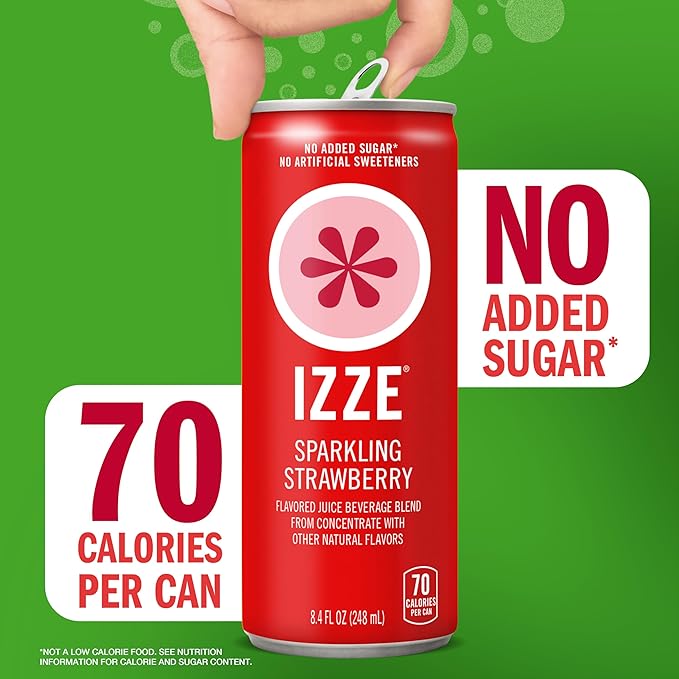IZZE Sparkling Water Juice Beverage Blend, Strawberry, No Sugar Added, 8.4 FL OZ, 24 Cans (Pack of 2)