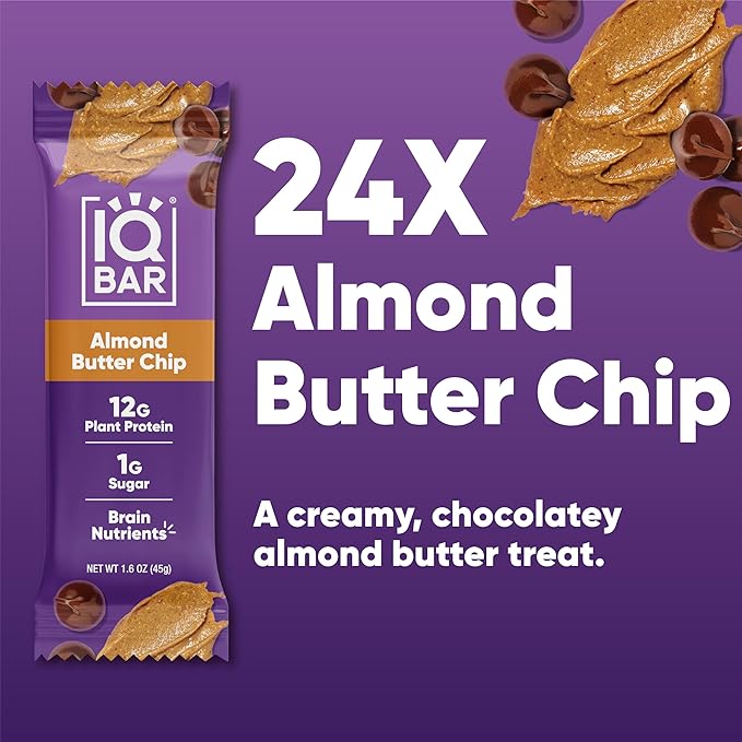IQBAR Brain and Body Clean Plant Protein Bars - Almond Butter Chip - 24 Bars - Keto, Vegan, High Fiber, Gluten and Dairy Free, Low Sugar Snack with Nutrients for Focus, Energy, Meal Replacement