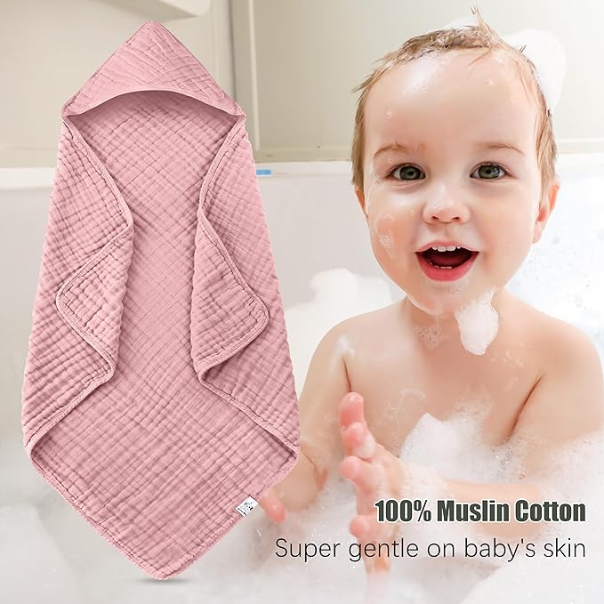 2 Pack Hooded Baby Towels - 100% Muslin Cotton for Newborns, Infants, Toddlers - Large 32x32 Inch Size - Highly Absorbent and Essential for Newborn Care, Light Sakura