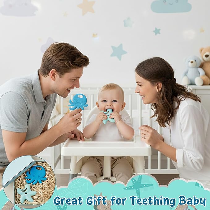 2Pcs Summer Silicone Teething Toy for Babies Ocean Animal Themed Sore Gums Pain Teething Relief Chew Toy Summer Ocean BPA Free Soft Teether for Infant Toddler Newborn 6-12 Months Birthday Baby Shower