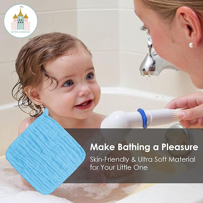 Cute Castle 12 Pack Muslin Baby Washcloths - Large 12'' by 12'' - Ultra Soft 100% Cotton - Super Absorbent Burp Cloths for Unisex, Boy, Girl -Aquamarine