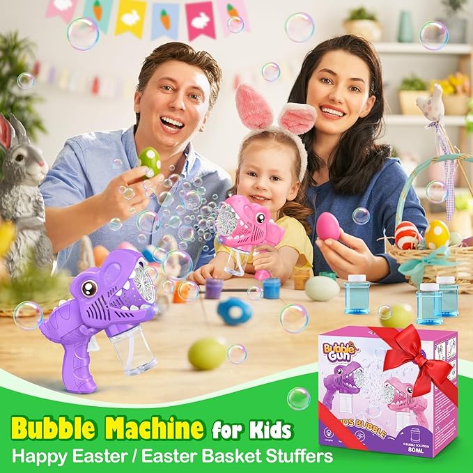 Bubble Gun Toys for Girls: Bubble Machine for Kids 2 Rechargeable Dino Toys Easter Basket Stuffers Gift for 3 4 5 6 7 8 Girls Toddlers Ages 4-6 Outdoor Summer Birthday Christmas Valentines