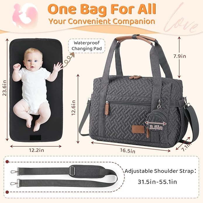 JOLLITO Diaper Bag Tote, Large Capacity Travel Diaper Bags With Changing Pad, Hospital Bag For Labor Delivery, Baby Bag