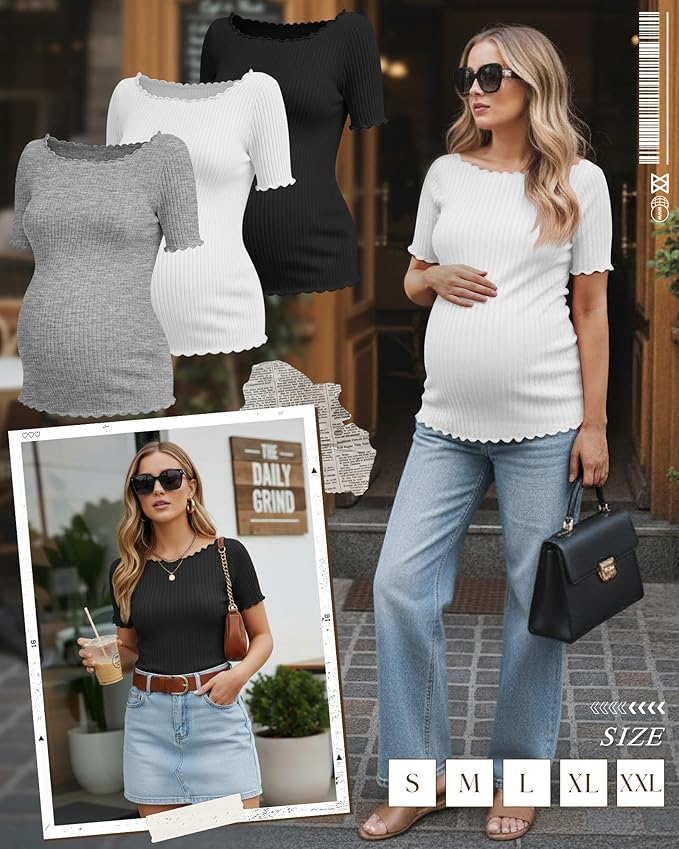 3 Pack Women's Maternity Ribbed Shirts Cotton Short Sleeve Pregnancy Tops Boat Neck Lettuce Trim Mama Clothes