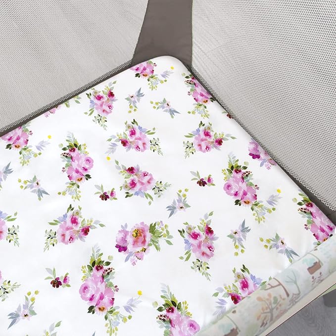 Pack and Play Sheets Girl, 2 Pack Mini Crib Sheets, Stretchy Playard Fitted Sheet, Compatible with Graco Pack n Play, Soft and Breathable Material, Floral