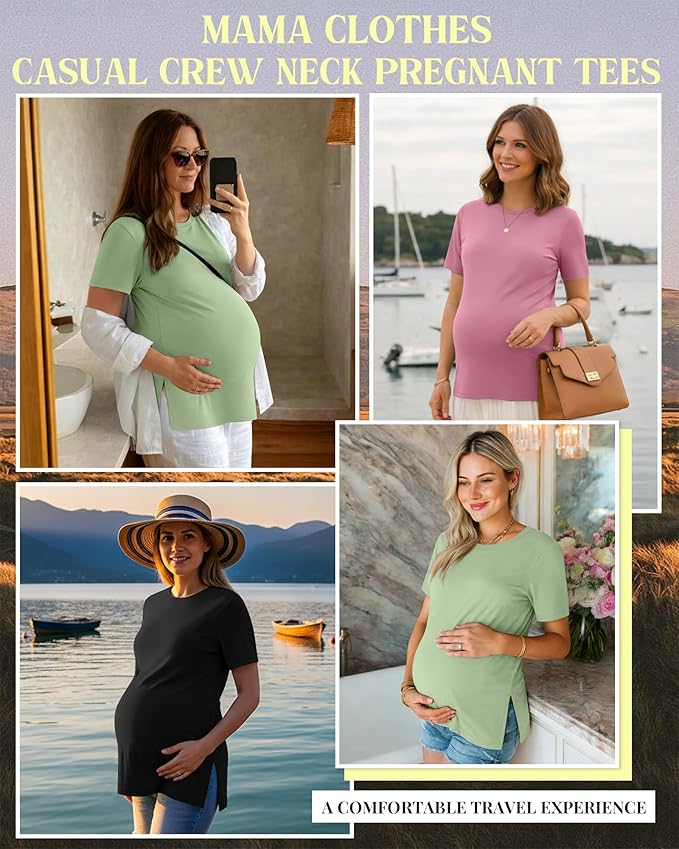 Ficerd 3 Pack Women's Maternity T Shirts, Short Sleeve Side Split Pregnancy Tops Casual Crew Neck Pregnant Tees Mama Clothes