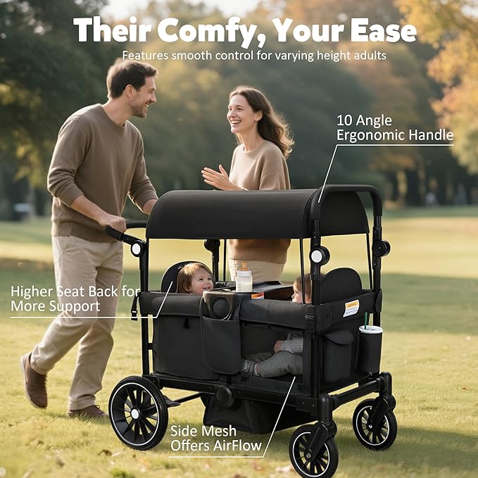 Wagon Stroller for 2 Kids, All-Terrain Stroller Wagon, Foldable Kids Wagon Cart Featuring with Harnesses, Adjustable Double Push Handle, Removable Canopy, Snack Tray, Large Storage Bag, Black
