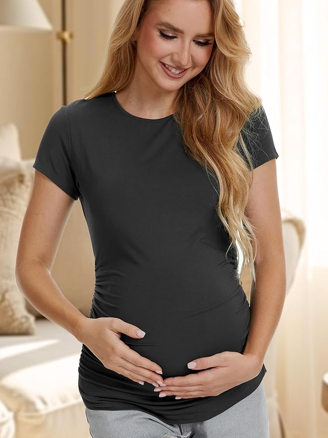3 Pack Womens Maternity Shirts - Crew Neck Maternity Top Short Sleeve Pregnancy Tee Shirts