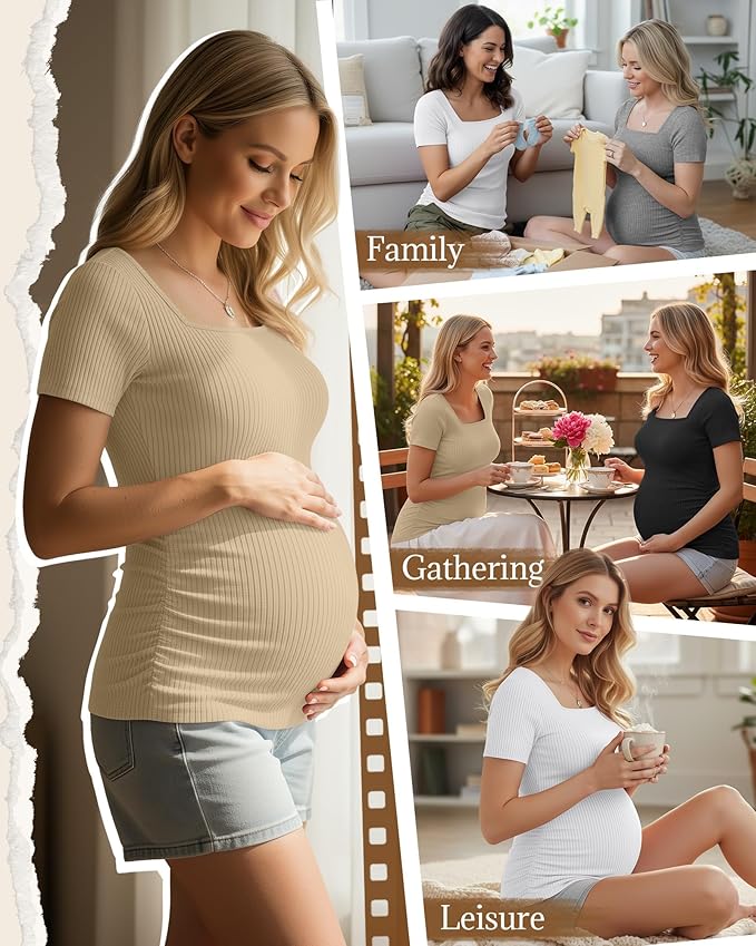 Huukeay 4 Pack Women's Maternity Shirts Cotton Ribbed Short Sleeve Square Neck Pregnancy Tops Side Ruched Summer Tee