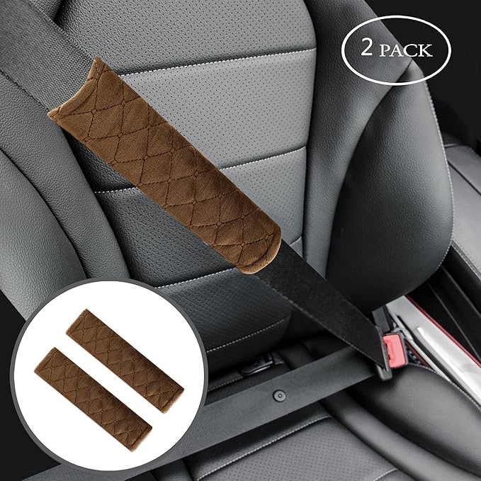 Amooca Soft Auto Seat Belt Cover Seatbelt Shoulder Pad Cushions 2 PCS for a More Comfortable Driving Universal Fit for All Cars and Backpack Brown