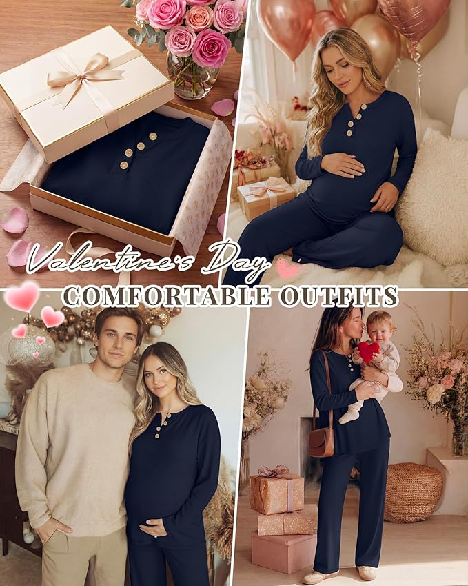 2 Piece Thermal Maternity Lounge Set Postpartum Pregnancy Fleece Loungewear Long Sleeve Top and Wide Leg Pant
